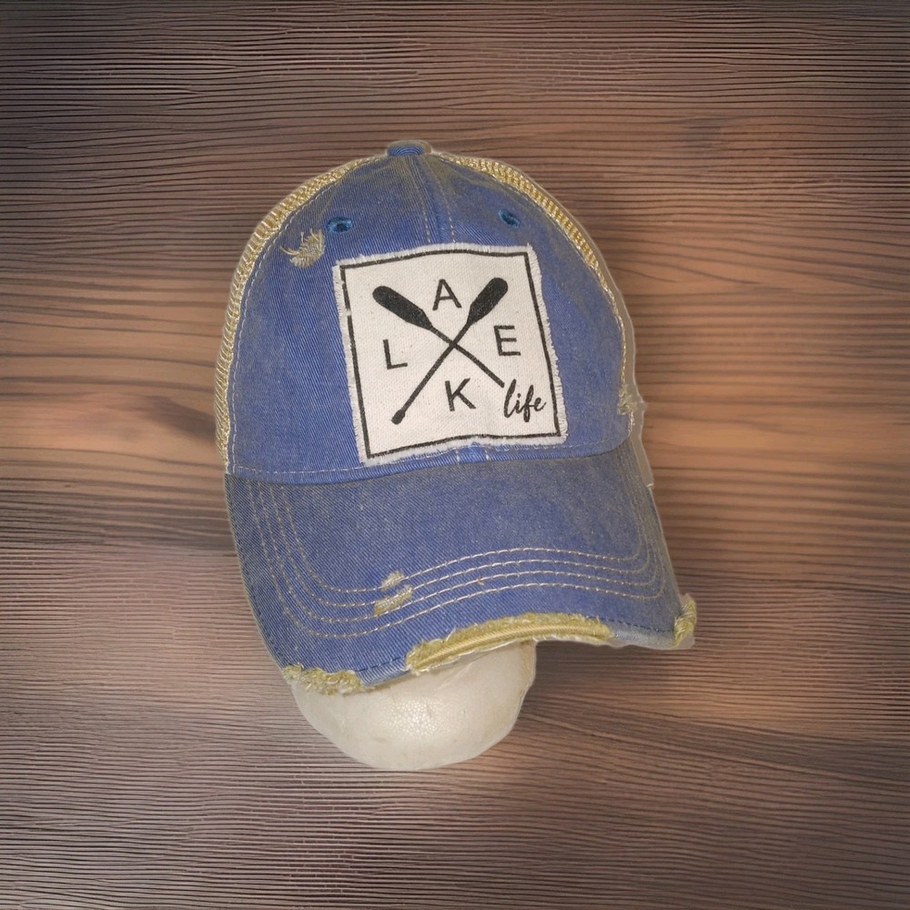 Headmost Lake Life Trucker Hat Unisex OSFM Blue Tan Distressed Mesh Snapback